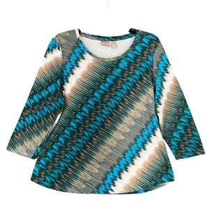 Chicos Top Size L Blue Stretch Geometric‎ Eccentric Artsy Business Casual